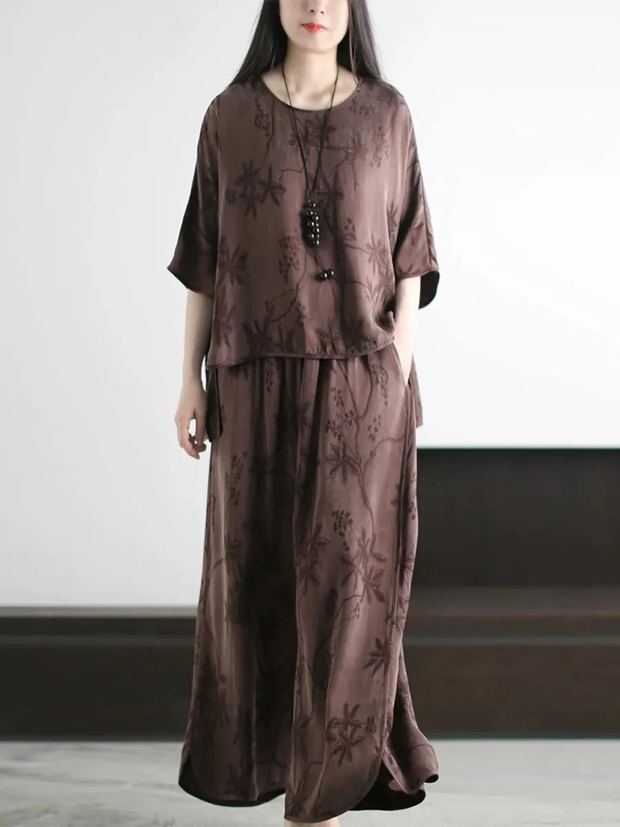 Women Summer Vintage Jacquard O-Neck Loose Suits