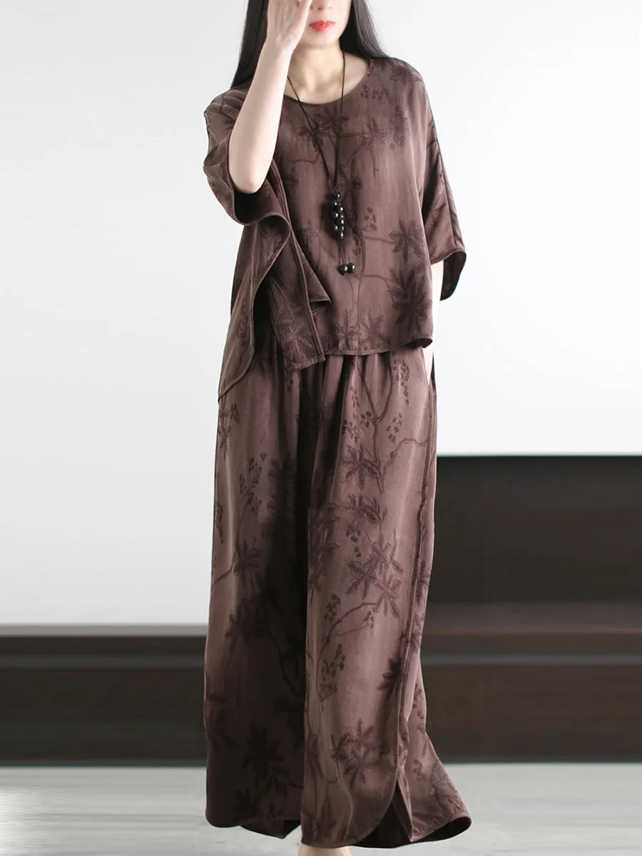 Women Summer Vintage Jacquard O-Neck Loose Suits