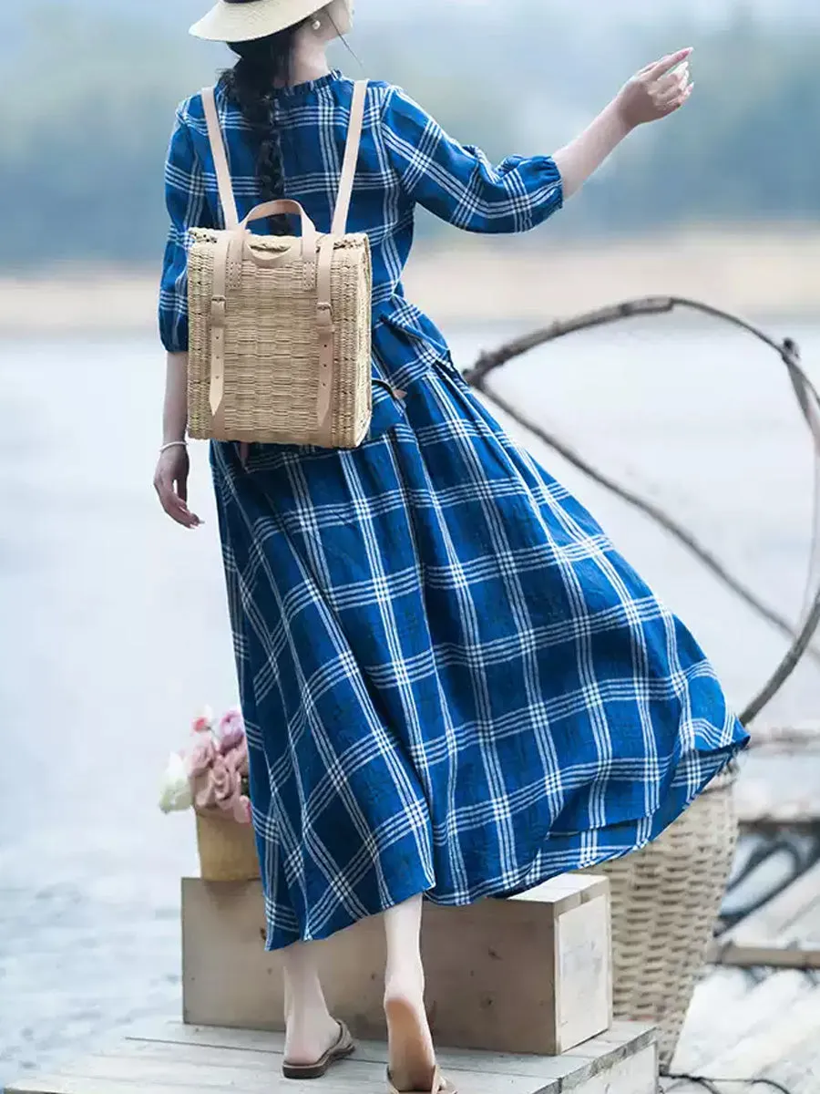 Women Summer Vintage Plaid 100%Linen Loose Suits