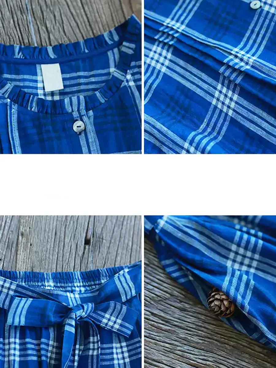 Women Summer Vintage Plaid 100%Linen Loose Suits
