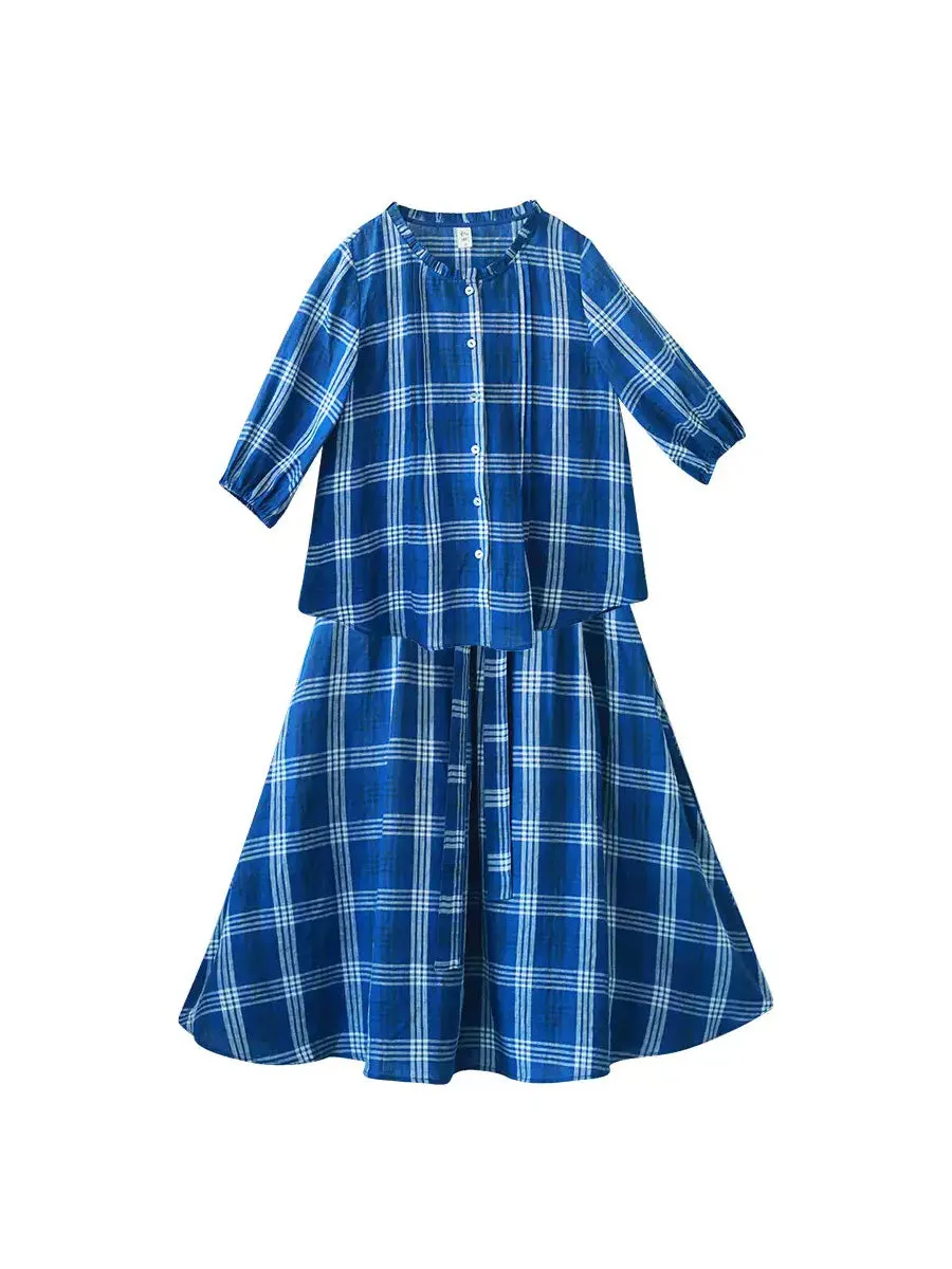Women Summer Vintage Plaid 100%Linen Loose Suits