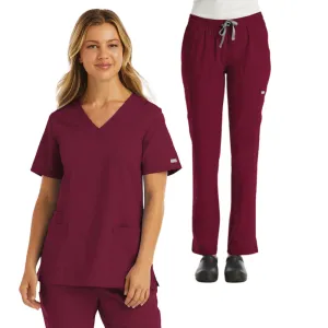 Women V-Neck Top & Tapered Leg Pant Scrub Set, Wine