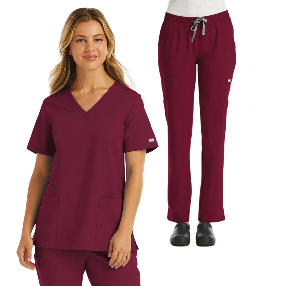 Women V-Neck Top & Tapered Leg Pant Scrub Set, Wine