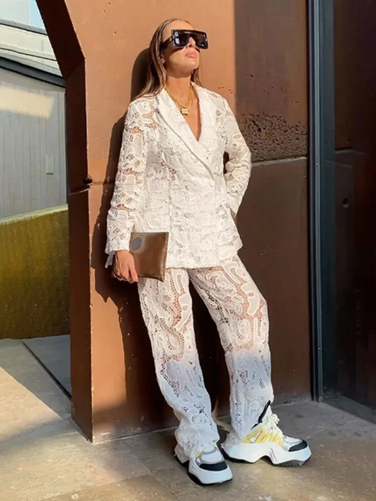 Women's Fashion Chic Lace Pant Suit Casual Lapel Double Breasted Long Sleeve Blazer Wide Leg Pants Hollow Out Outfit 2 Piece Set