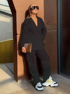 Women's Fashion Chic Lace Pant Suit Casual Lapel Double Breasted Long Sleeve Blazer Wide Leg Pants Hollow Out Outfit 2 Piece Set