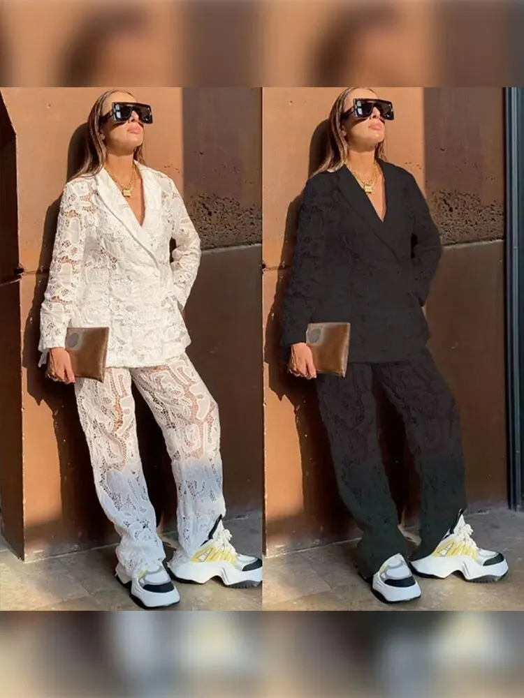 Women's Fashion Chic Lace Pant Suit Casual Lapel Double Breasted Long Sleeve Blazer Wide Leg Pants Hollow Out Outfit 2 Piece Set