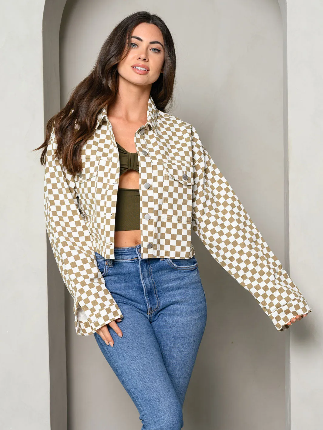 WOMENS LONG SLEEVE CHRCKERED BUTTON UP JACKET