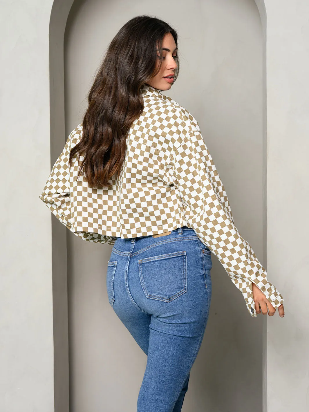 WOMENS LONG SLEEVE CHRCKERED BUTTON UP JACKET