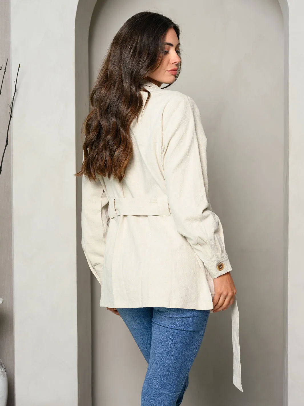 WOMEN'S LONG SLEEVE POCKET BUTTON DETAIL SELF TIE JACKET