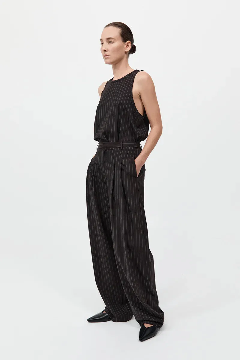 WOOL PINSTRIPE TAPERED PANTS