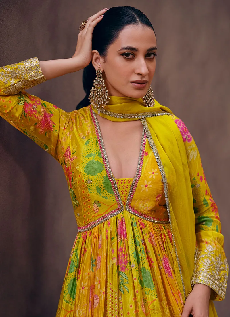 Yellow Multi Digital Printed Sequence Embroidered Anarkali Gown