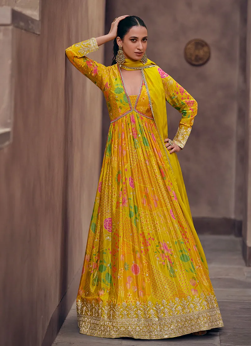Yellow Multi Digital Printed Sequence Embroidered Anarkali Gown