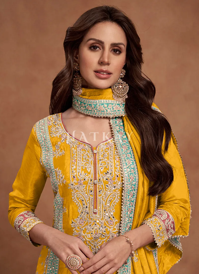 Yellow Multi Embroidered Wedding Palazzo Suit