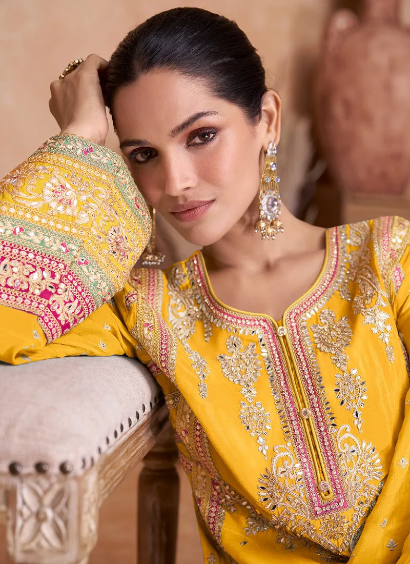 Yellow Multi Embroidered Wedding Palazzo Suit
