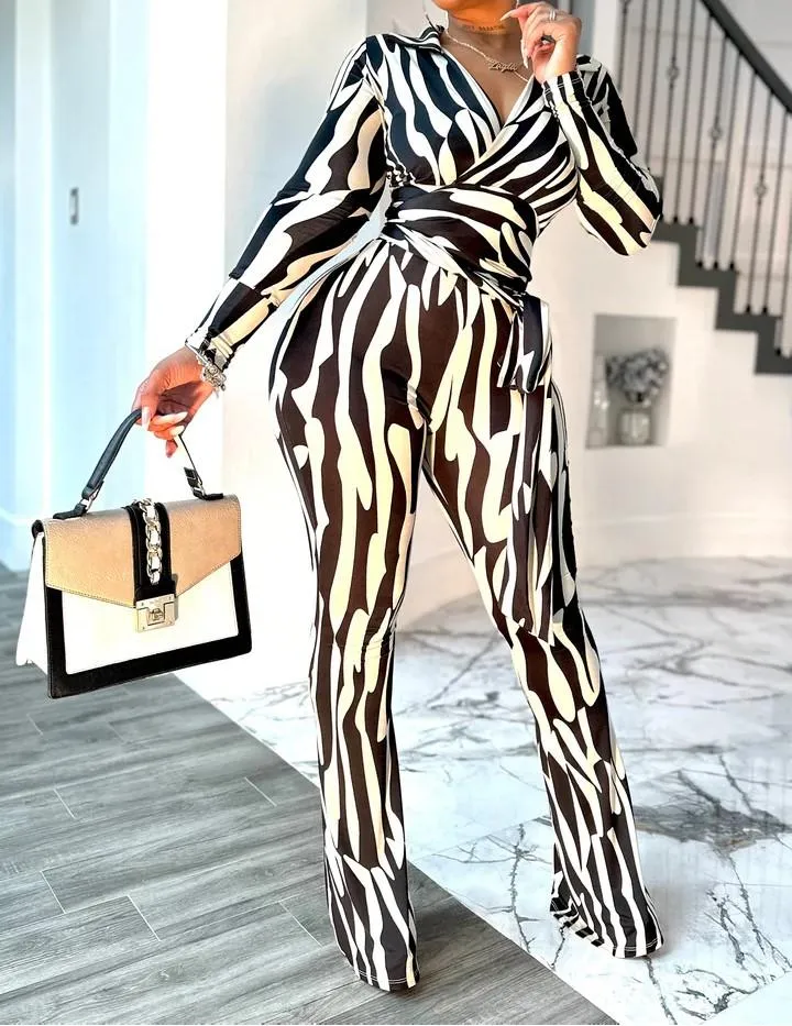 zebra print stretch pants suit
