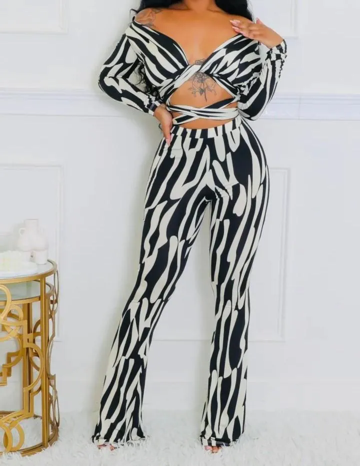 zebra print stretch pants suit