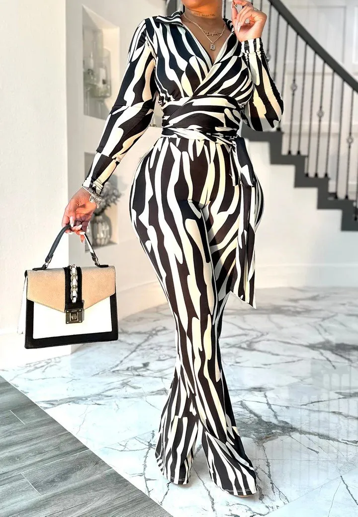 zebra print stretch pants suit