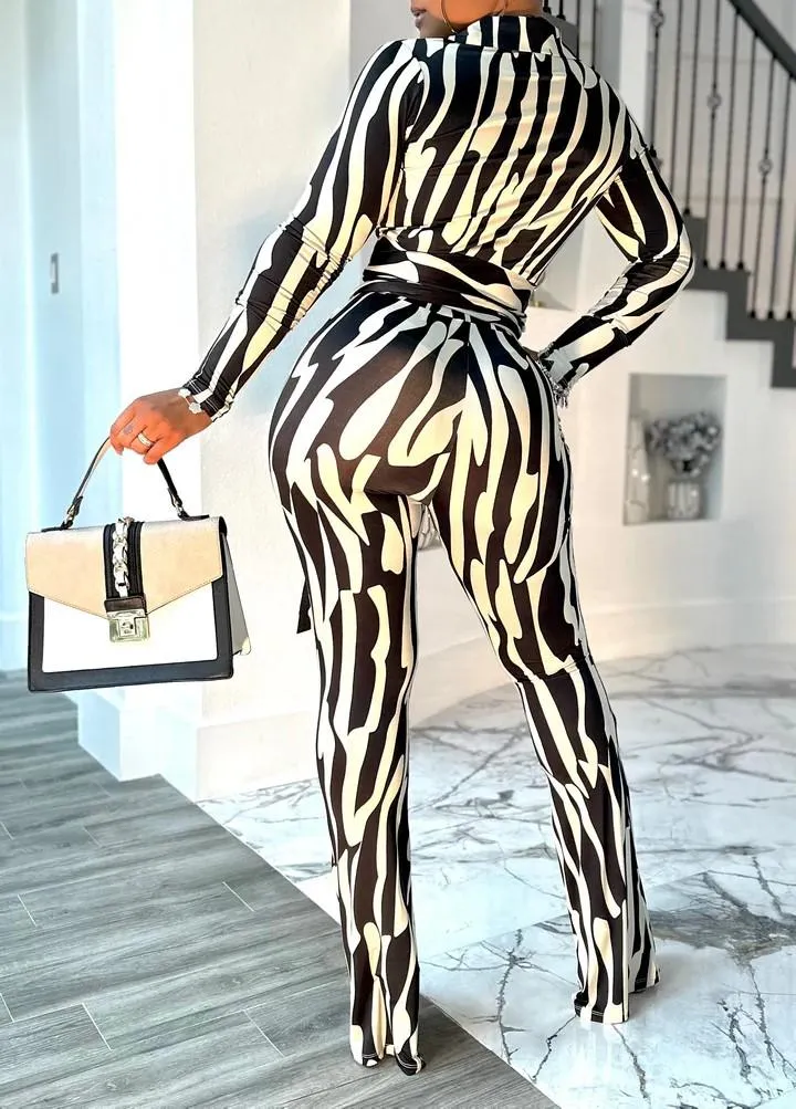 zebra print stretch pants suit