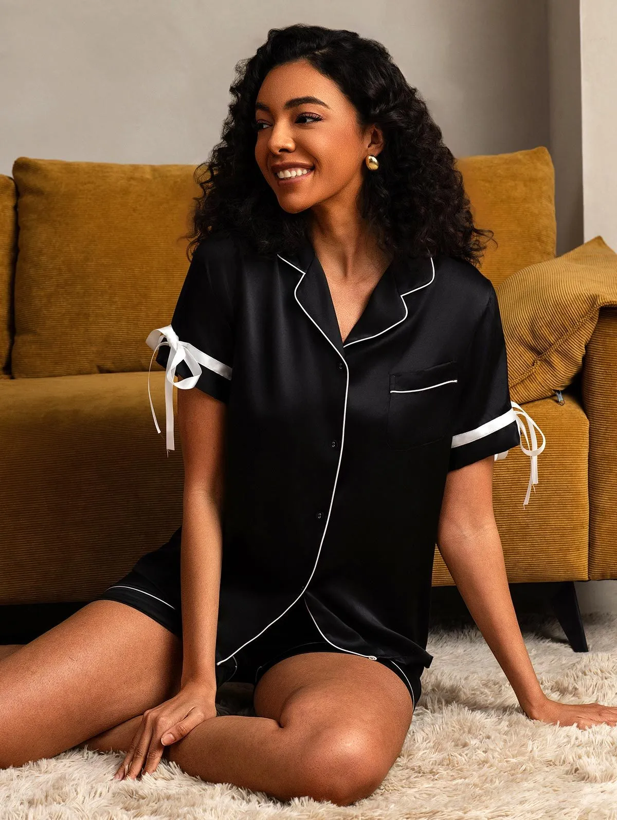 Zuivere Zijde Korte Mouw Shorts Pyjama Set