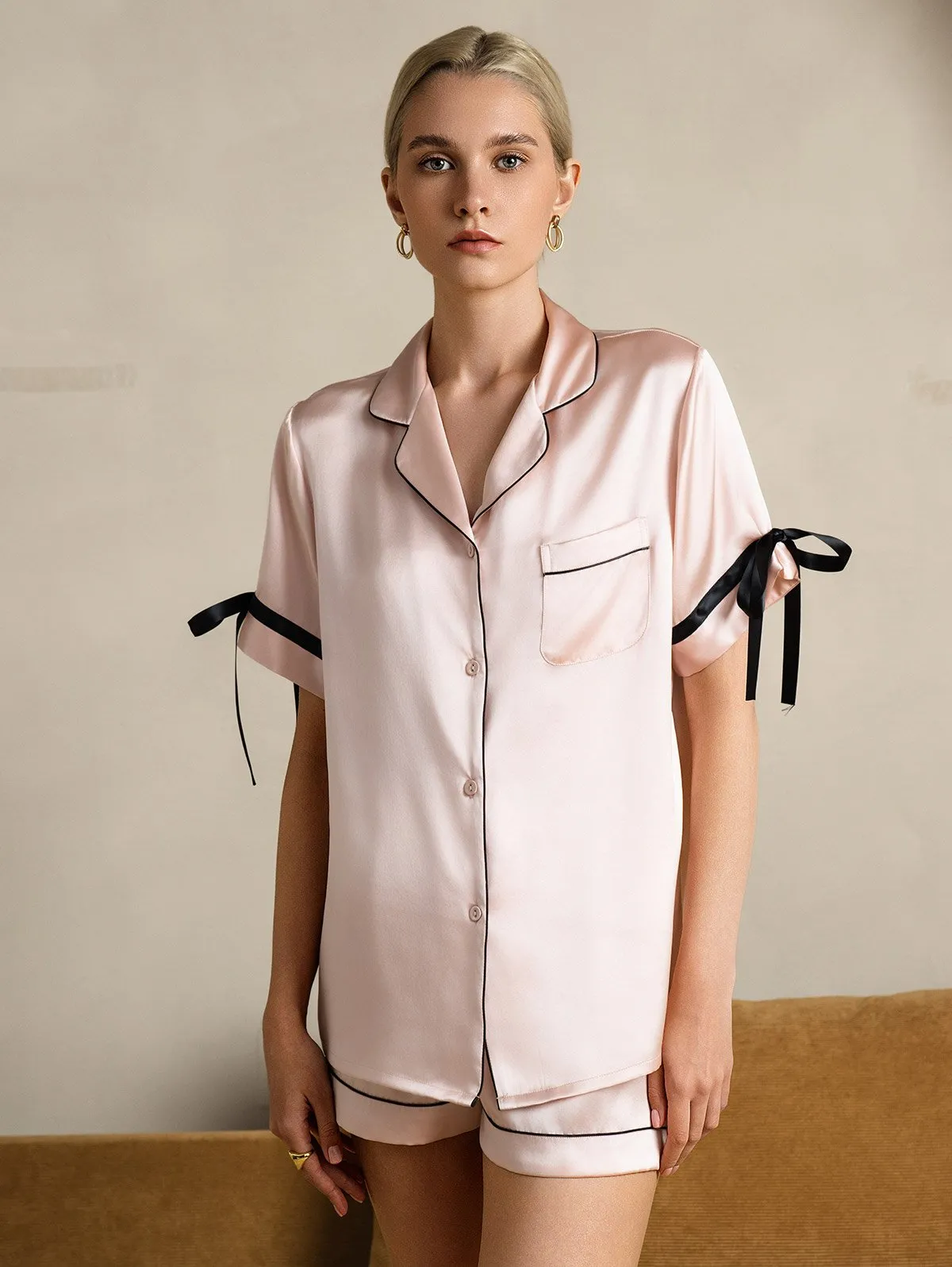 Zuivere Zijde Korte Mouw Shorts Pyjama Set